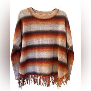 Mucho Muchette Women’s Fringed Striped Sweater Poncho Orange Ombre Size: Large